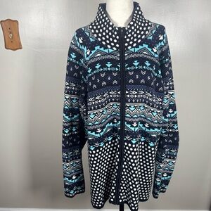 Icelandic Design Blue Fair Isle Cotton Knit Plus Size 3X Zip Cardigan Sweater